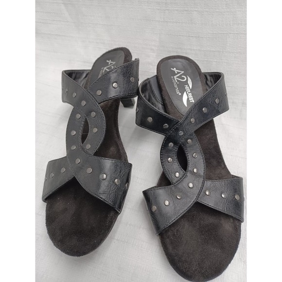 A2 by Aerosoles Heelrest Powssibility Black Studded Heel Sandal Slip On Sz. 8m - Picture 2 of 6